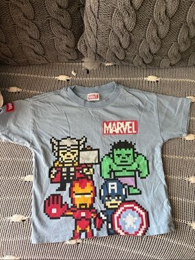 Marvel Light Blue Pixel Avengers Tee with Red, Green, Yellow and Blue Accents